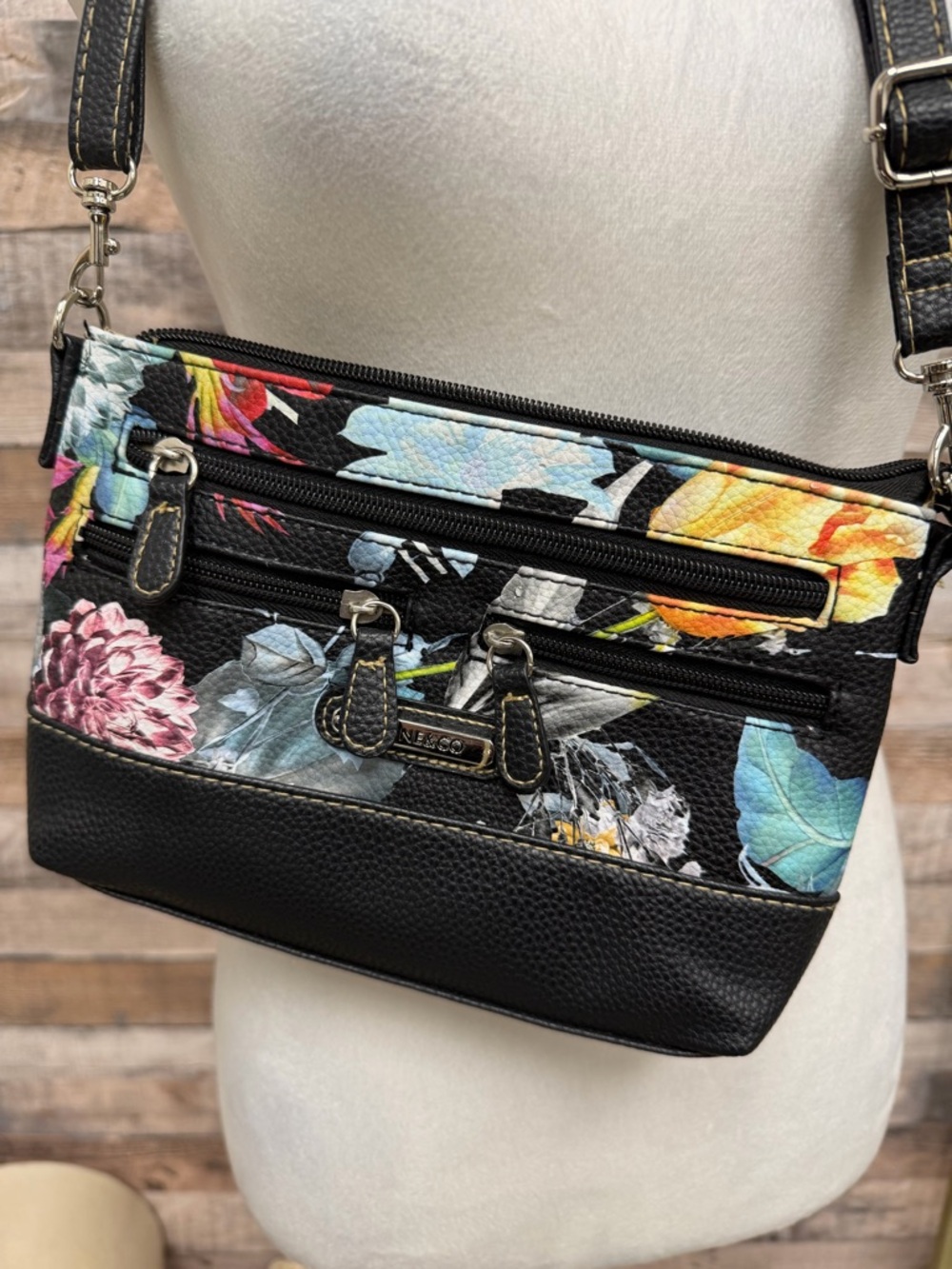 Stone & Co Black & Floral Print Shoulder Bag OS